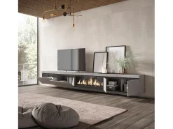 Mueble TV, Televisión, 368x35x45, Chimenea eléctrica XXL, Colgado, Suspendido, Cemento