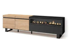Mueble TV, Televisión, 200x35x57cm, Para TV hasta 80", Chimenea eléctrica, Diseño industrial, Roble y negro