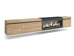 Mueble TV, Televisión, 288x35x45cm, Para TV gran formato, Chimenea eléctrica XXL, Colgado, Suspendido, Roble y negro