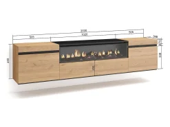 Mueble TV, Televisión, 200x35x45cm, Para TV hasta 80", Chimenea eléctrica, Colgado, Suspendido, Roble y negro