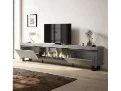 Mueble TV, Televisión, 267x35x57cm, Para TV gran formato, Chimenea eléctrica XXL, Diseño industrial, Cemento