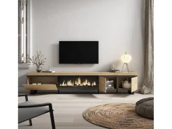 Mueble TV, Televisión, 288x35x57cm, Para TV gran formato, Chimenea eléctrica XXL, Diseño industrial, Roble