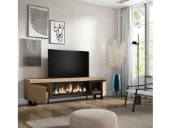 Mueble TV, Televisión, 208x35x57cm, Para TV hasta 80", Chimenea eléctrica XXL, Diseño industrial, Roble