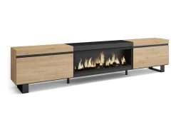 Mueble TV, Televisión, 267x35x57cm, Para TV gran formato, Chimenea eléctrica XXL, Diseño industrial, Roble y negro