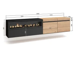 Mueble TV, Televisión, 200x35x45cm, Para TV hasta 80", Chimenea eléctrica, Colgado, Suspendido, Roble y negro
