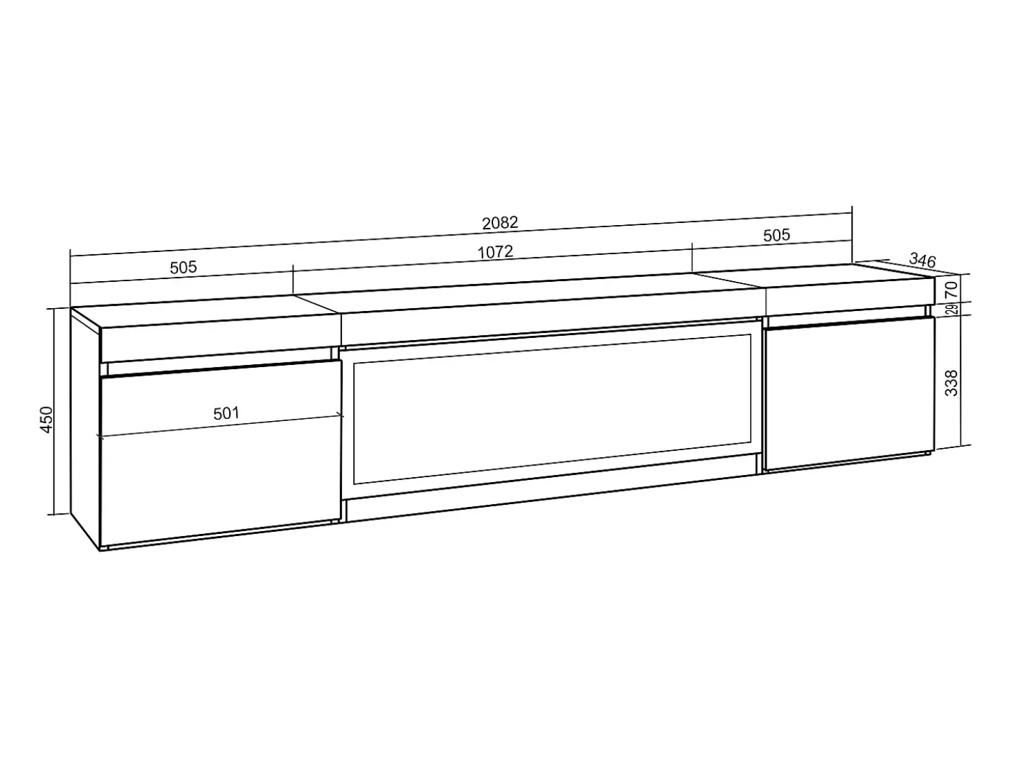 Mueble TV, Televisión, 208x35x45cm, Para TV hasta 80", Chimenea eléctrica XXL, Colgado, Suspendido, Roble