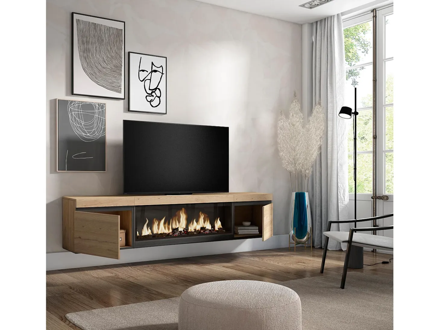 Mueble TV, Televisión, 208x35x45cm, Para TV hasta 80", Chimenea eléctrica XXL, Colgado, Suspendido, Roble