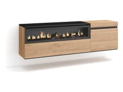 Mueble TV, Televisión, 150x35x45cm, Para TV hasta 65", Chimenea eléctrica, Colgado, Suspendido, Roble y negro