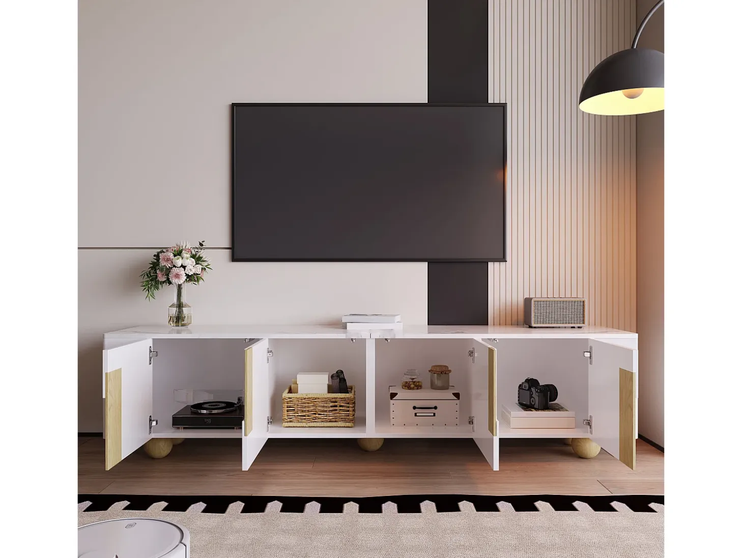 Mueble TV 180x40x44 cm - 4 puertas - MDF+aglomerado - blanco