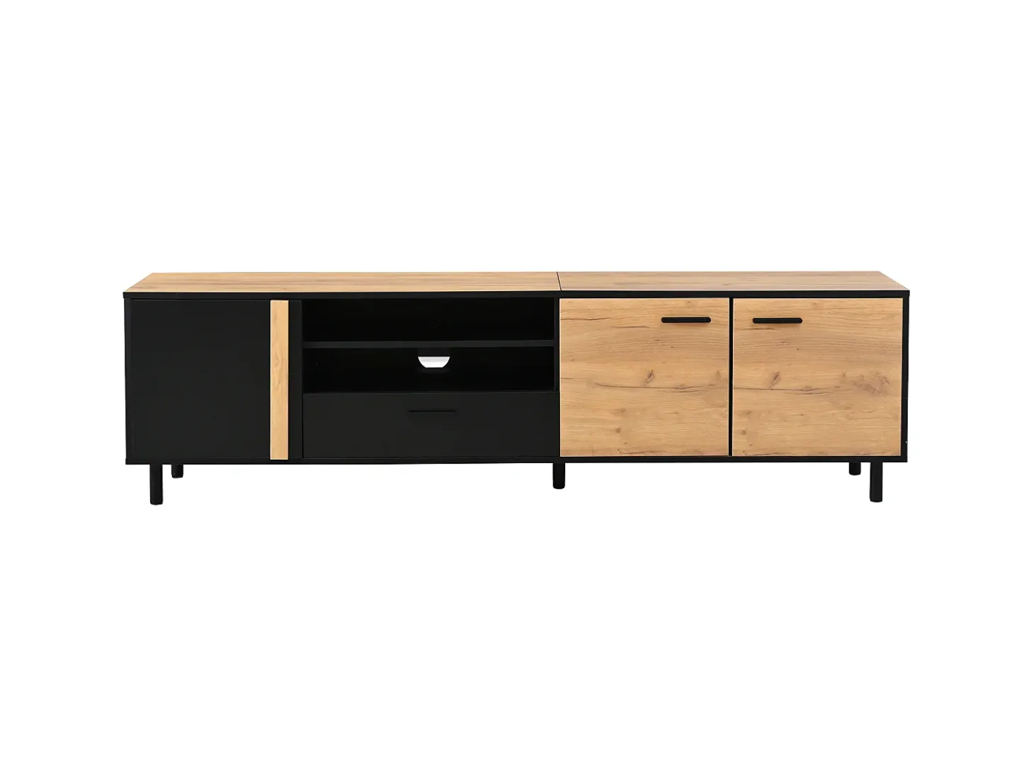 Mueble TV 180x32,5x50 cm con 3 puertas y un cajón - Color madera y negro