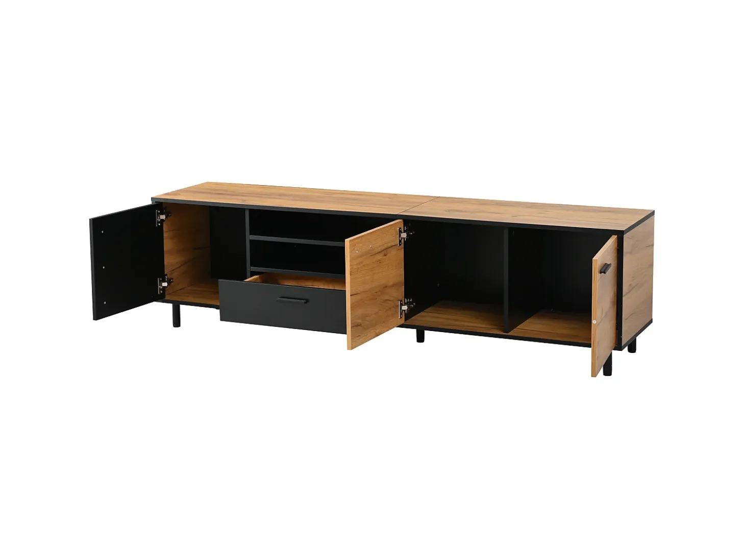 Mueble TV 180x32,5x50 cm con 3 puertas y un cajón - Color madera y negro