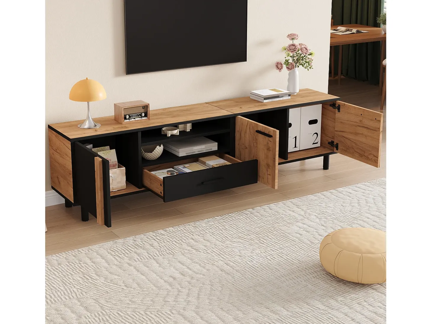 Mueble TV 180x32,5x50 cm con 3 puertas y un cajón - Color madera y negro