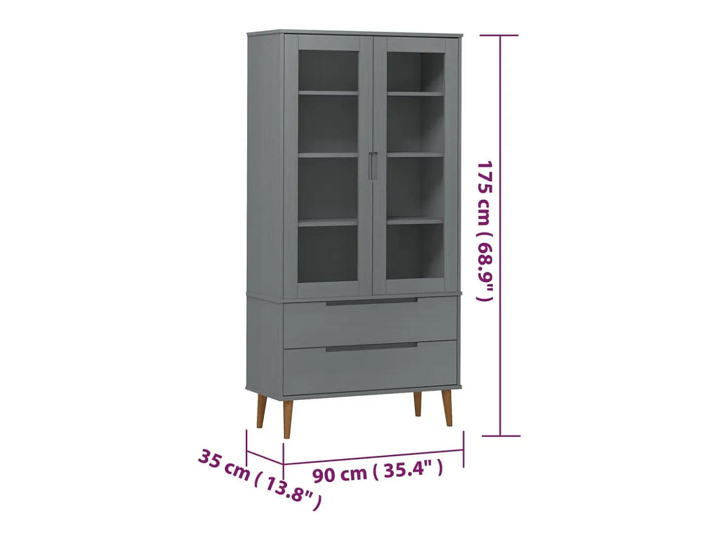 Mueble vitrina MOLDE madera maciza de pino gris 90x35x175 cm