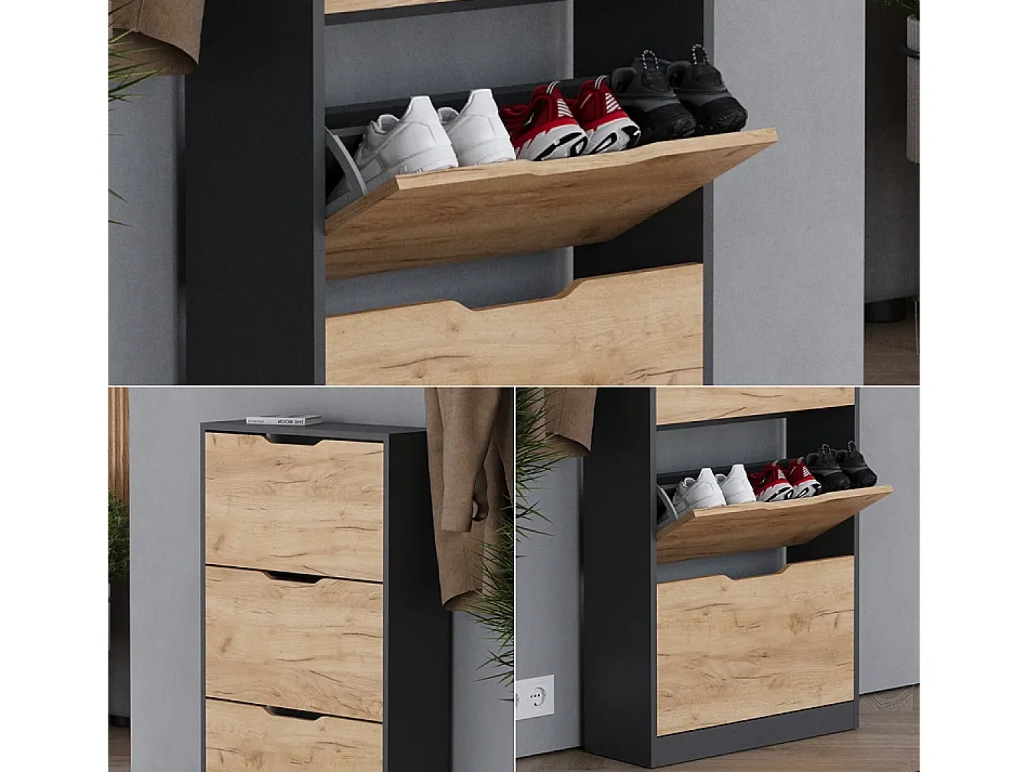 Mueble zapatero antracita/roble dorado 59x22x105 luca