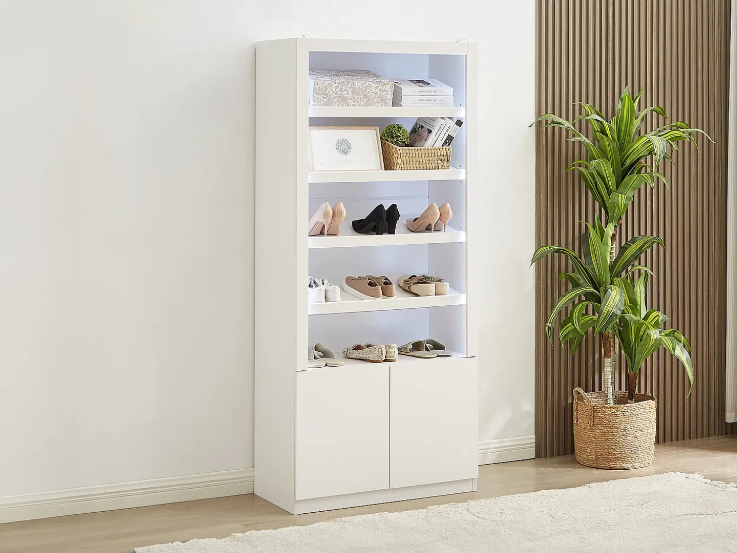 Mueble zapatero de 5 estantes y 2 puertas con luces LED en MDF - Blanco - DOLMINA