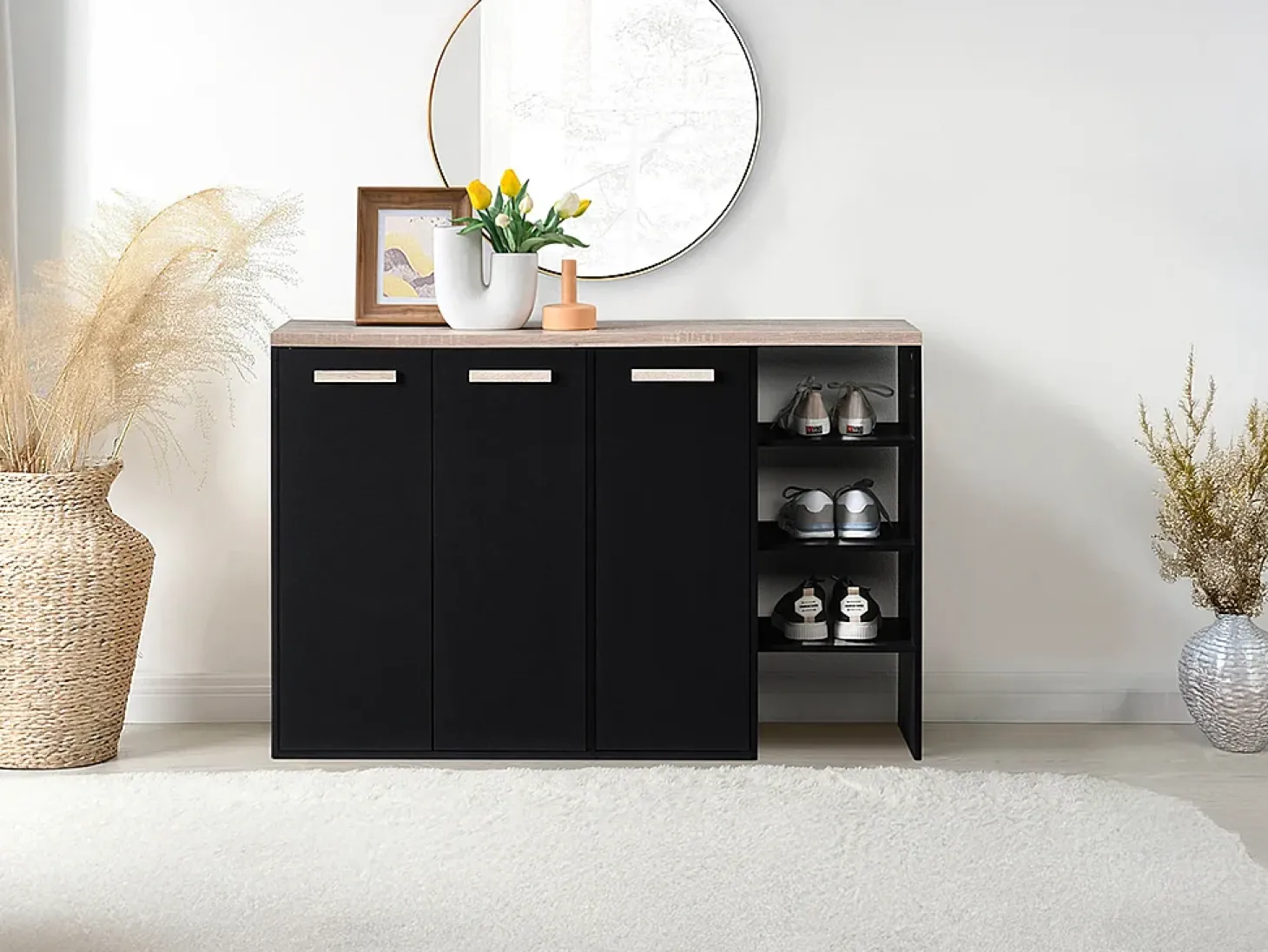 Mueble zapatero de 3 puertas y 3 estantes - Blanco y Natural claro - SKAIDO