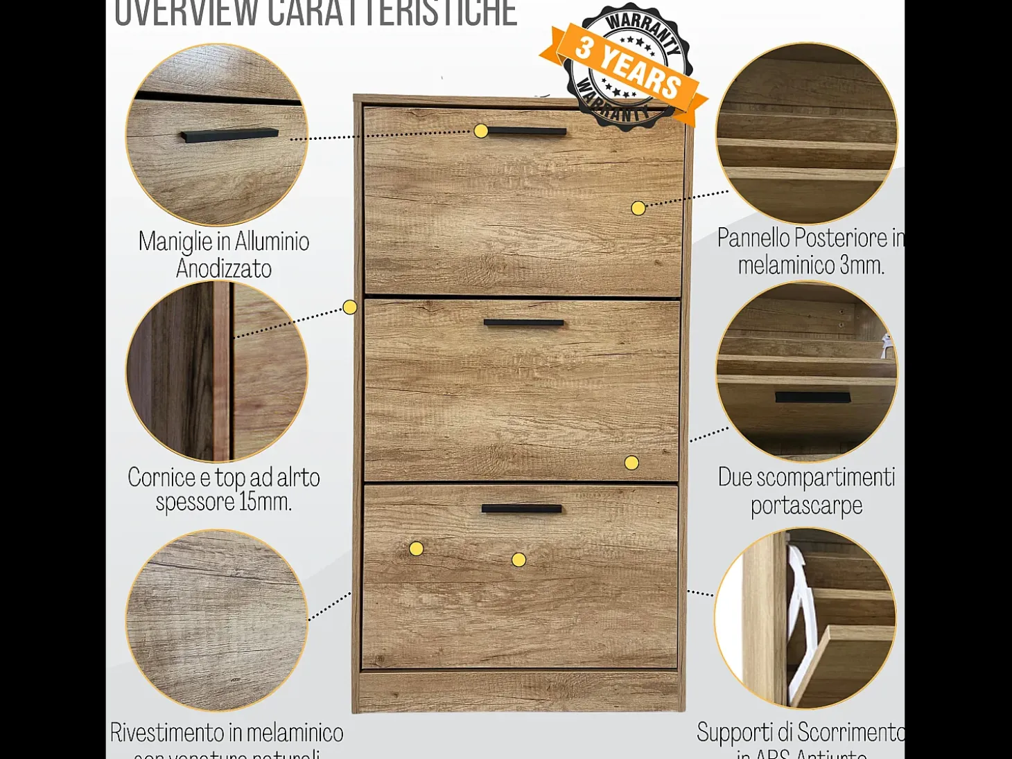 Mueble zapatero de madera de roble 63x24x115cm, 3 puertas plegables, doble fondo, para entrada, muebles bajos - ZIK