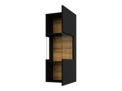 Pequeña vitrina colgante de 1 puerta parcialmente acristalada colección EVA. Color negro y roble.