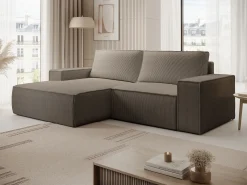 Pequeño Sofá cama rinconera izquierda de pana color beige AMELIA