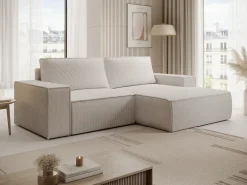 Pequeño Sofá cama rinconera derecha de pana beige AMELIA