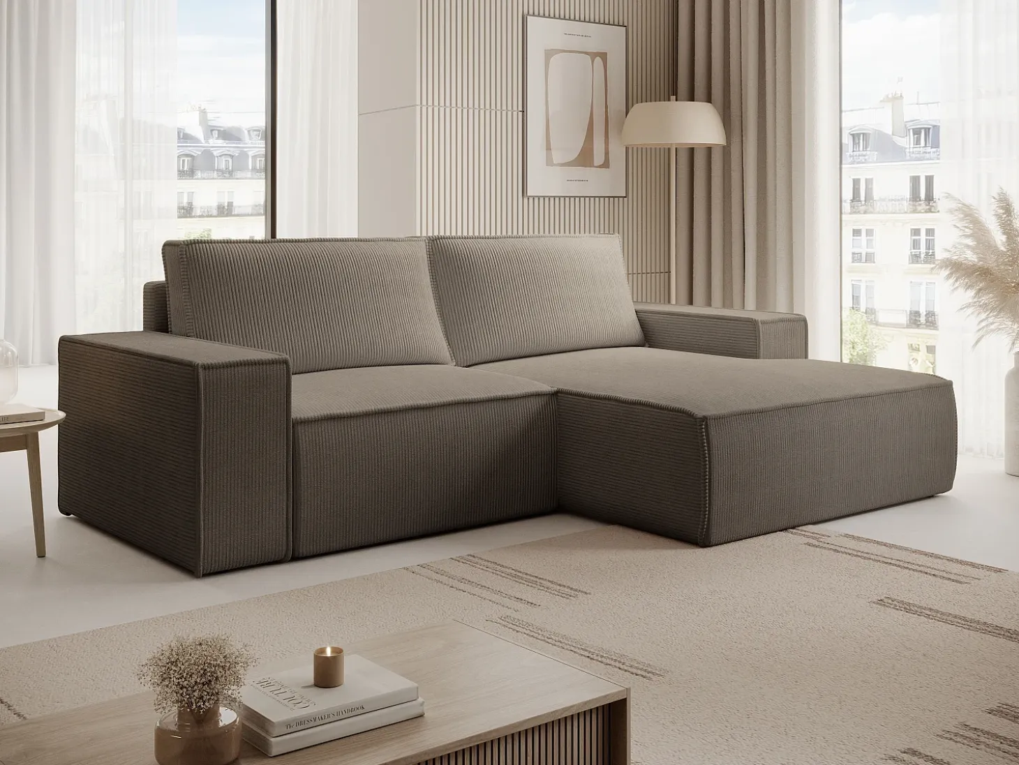 Pequeño Sofá cama rinconera derecha de pana beige AMELIA