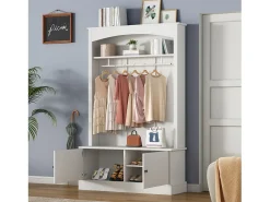 Perchero blanco de 2 puertas - Guardarropa con barra y estantes abiertos - Estantes regulables
