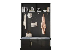 Perchero con banco zapatero, 6 ganchos triples, independiente, diseño moderno, aglomerado, negro (120x40x191 cm)