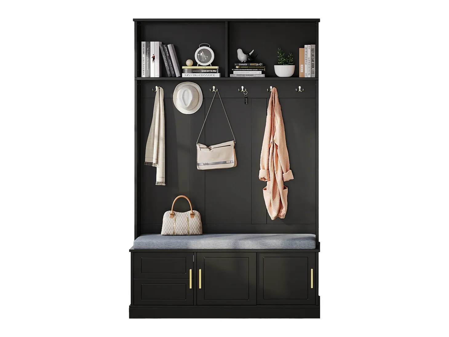 Perchero con banco zapatero, 6 ganchos triples, independiente, diseño moderno, aglomerado, negro (120x40x191 cm)