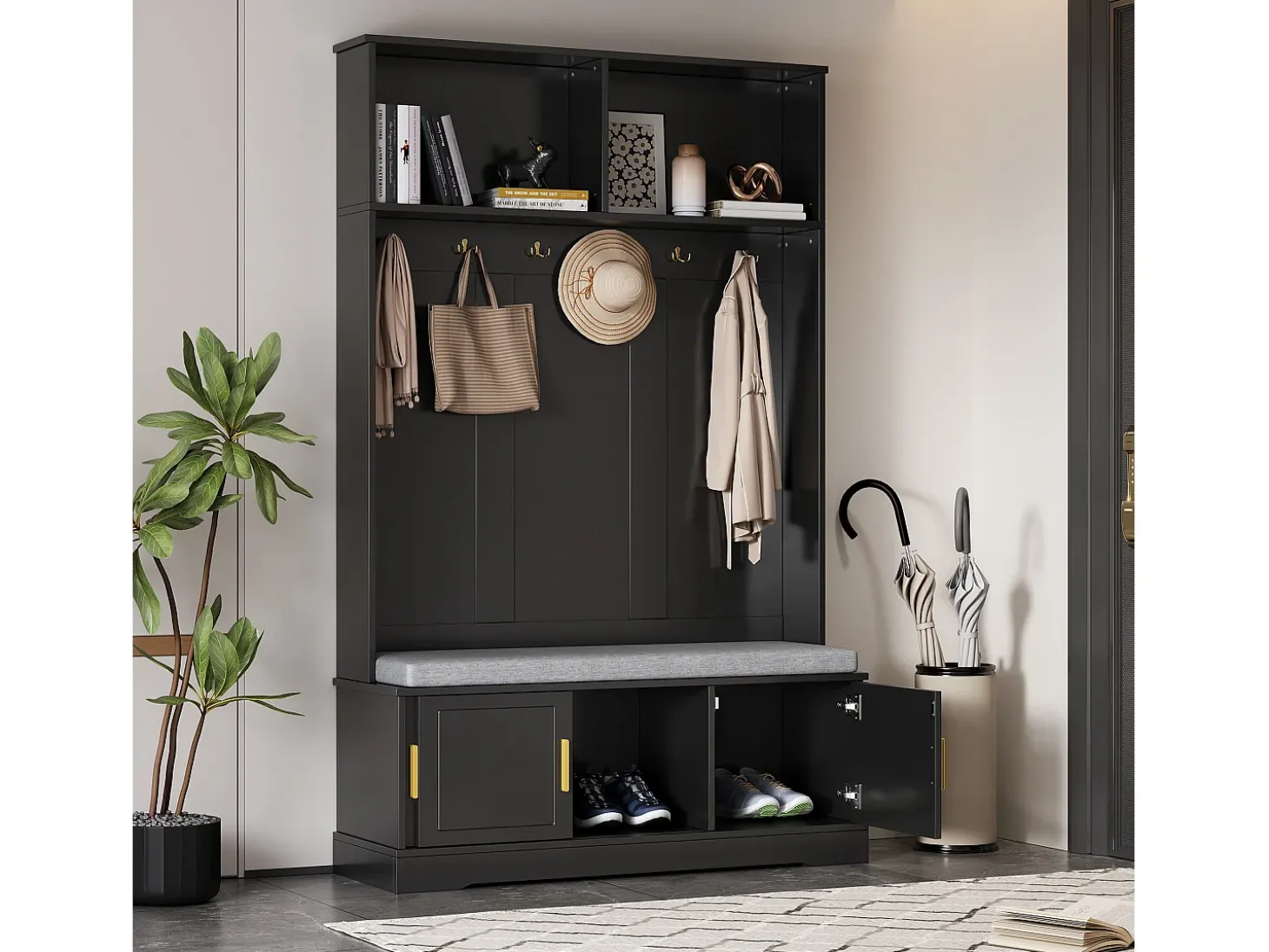 Perchero con banco zapatero, 6 ganchos triples, independiente, diseño moderno, aglomerado, negro (120x40x191 cm)