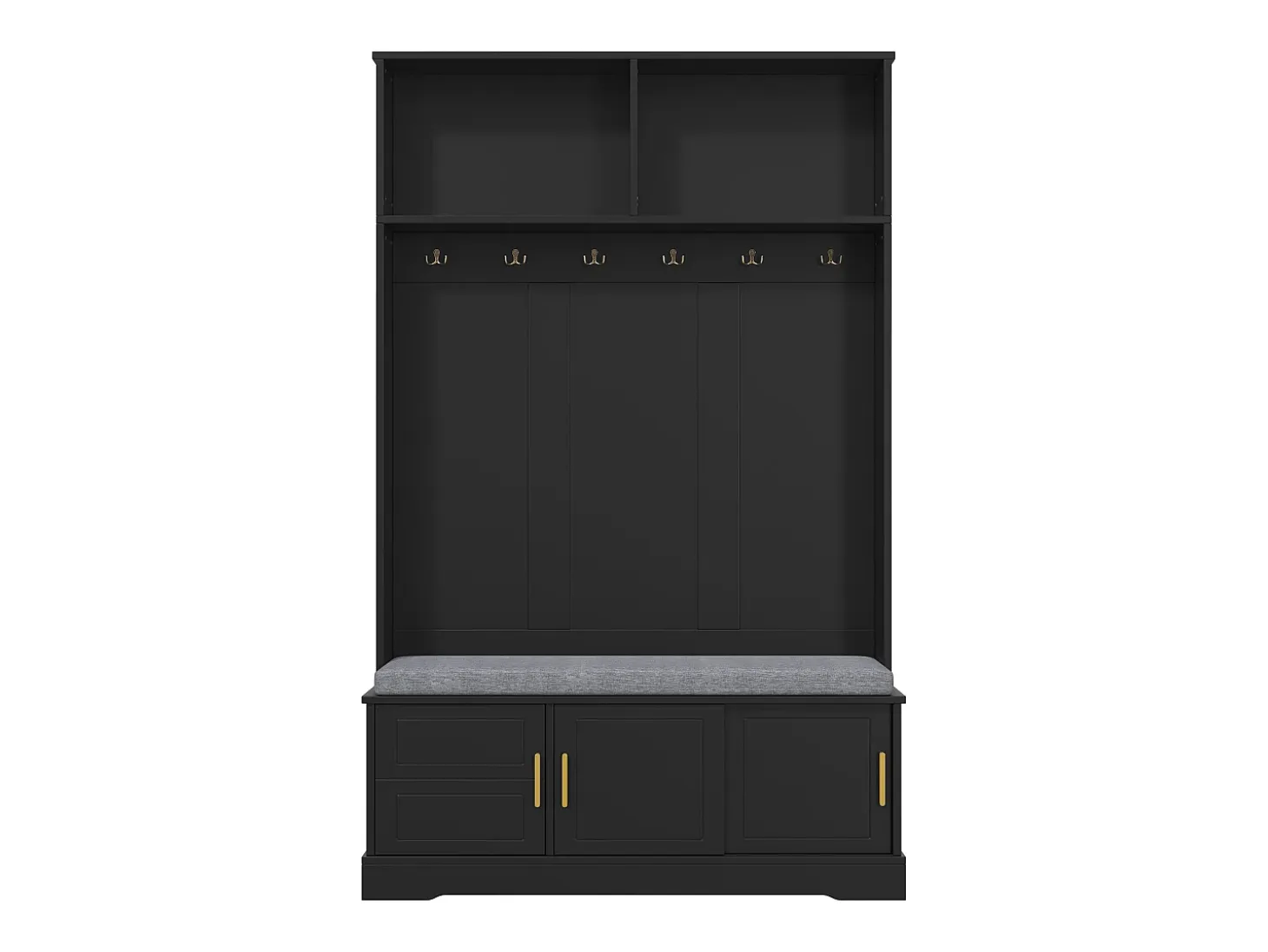 Perchero con banco zapatero, 6 ganchos triples, independiente, diseño moderno, aglomerado, negro (120x40x191 cm)