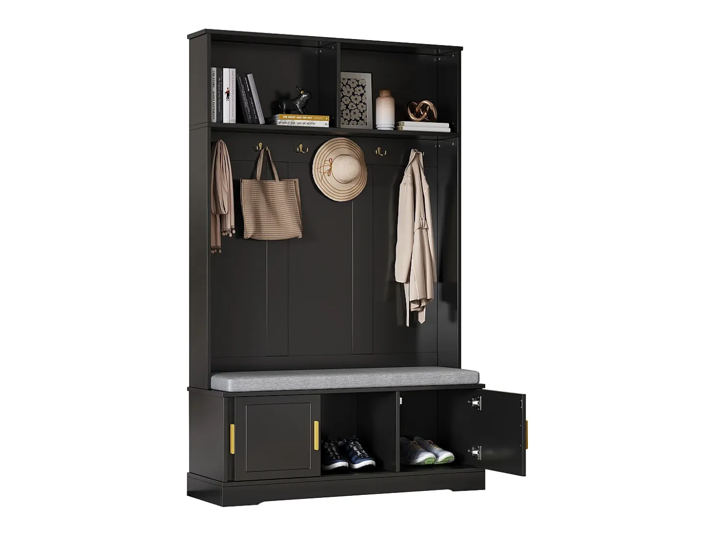 Perchero con banco zapatero, 6 ganchos triples, independiente, diseño moderno, aglomerado, negro (120x40x191 cm)