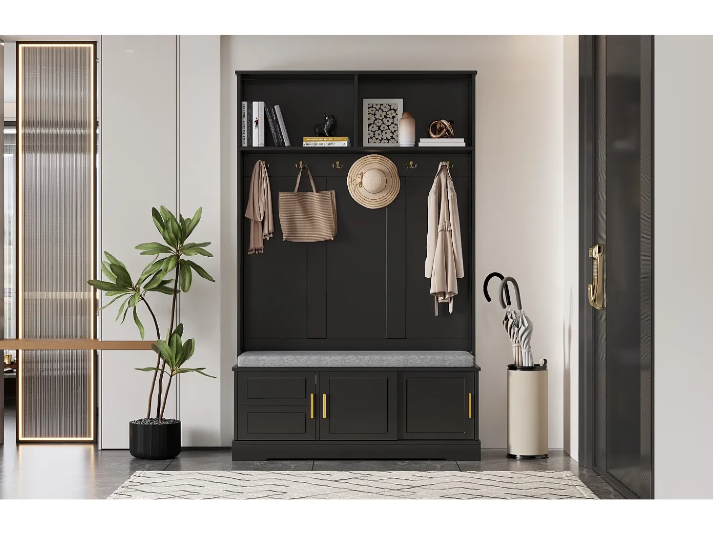 Perchero con banco zapatero, 6 ganchos triples, independiente, diseño moderno, aglomerado, negro (120x40x191 cm)