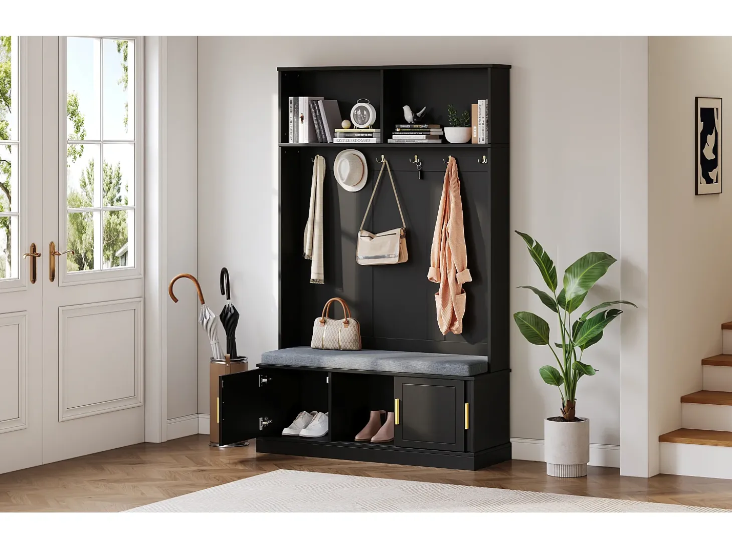 Perchero con banco zapatero, 6 ganchos triples, independiente, diseño moderno, aglomerado, negro (120x40x191 cm)
