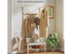 Perchero con banco zapatero, fabricado en bambú natural, con cojín y estantes (73,5x34x171 cm)