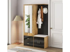 Perchero con espejo, banco zapatero y barra retráctil para ropa - negro y natural
