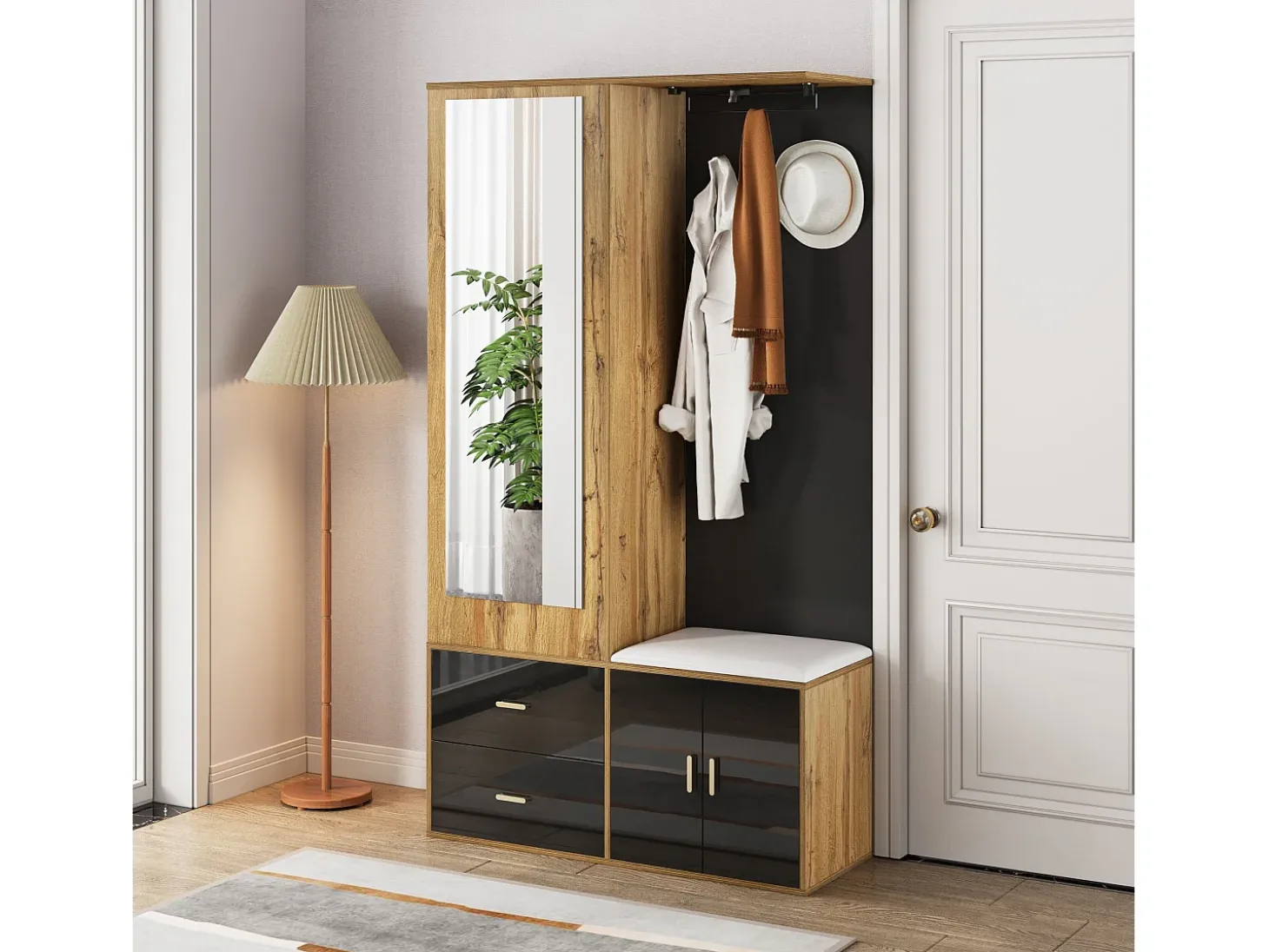Perchero con espejo, banco zapatero y barra retráctil para ropa - negro y natural