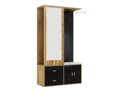 Perchero con espejo, banco zapatero y barra retráctil para ropa - negro y natural