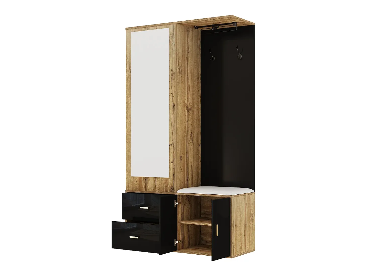Perchero con espejo, banco zapatero y barra retráctil para ropa - negro y natural