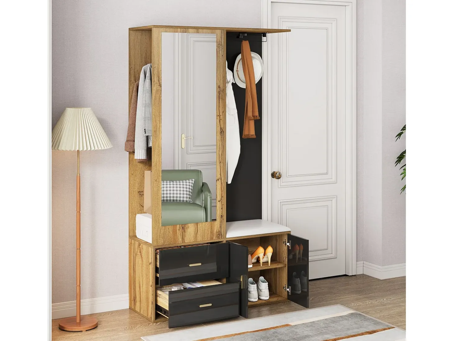 Perchero con espejo, banco zapatero y barra retráctil para ropa - negro y natural
