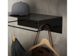 Perchero de pared con barra de colgar y estante flotante negro metal 60x30x15 cm