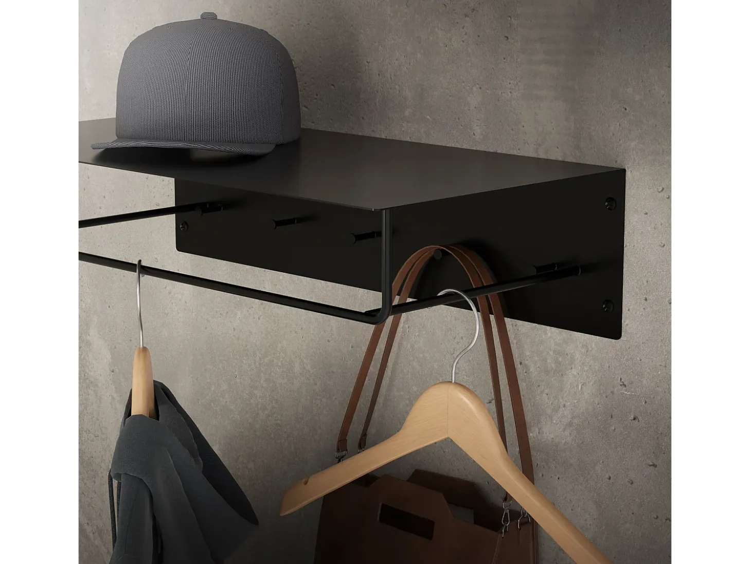 Perchero de pared con barra de colgar y estante flotante negro metal 60x30x15 cm