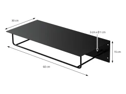 Perchero de pared con barra de colgar y estante flotante negro metal 60x30x15 cm
