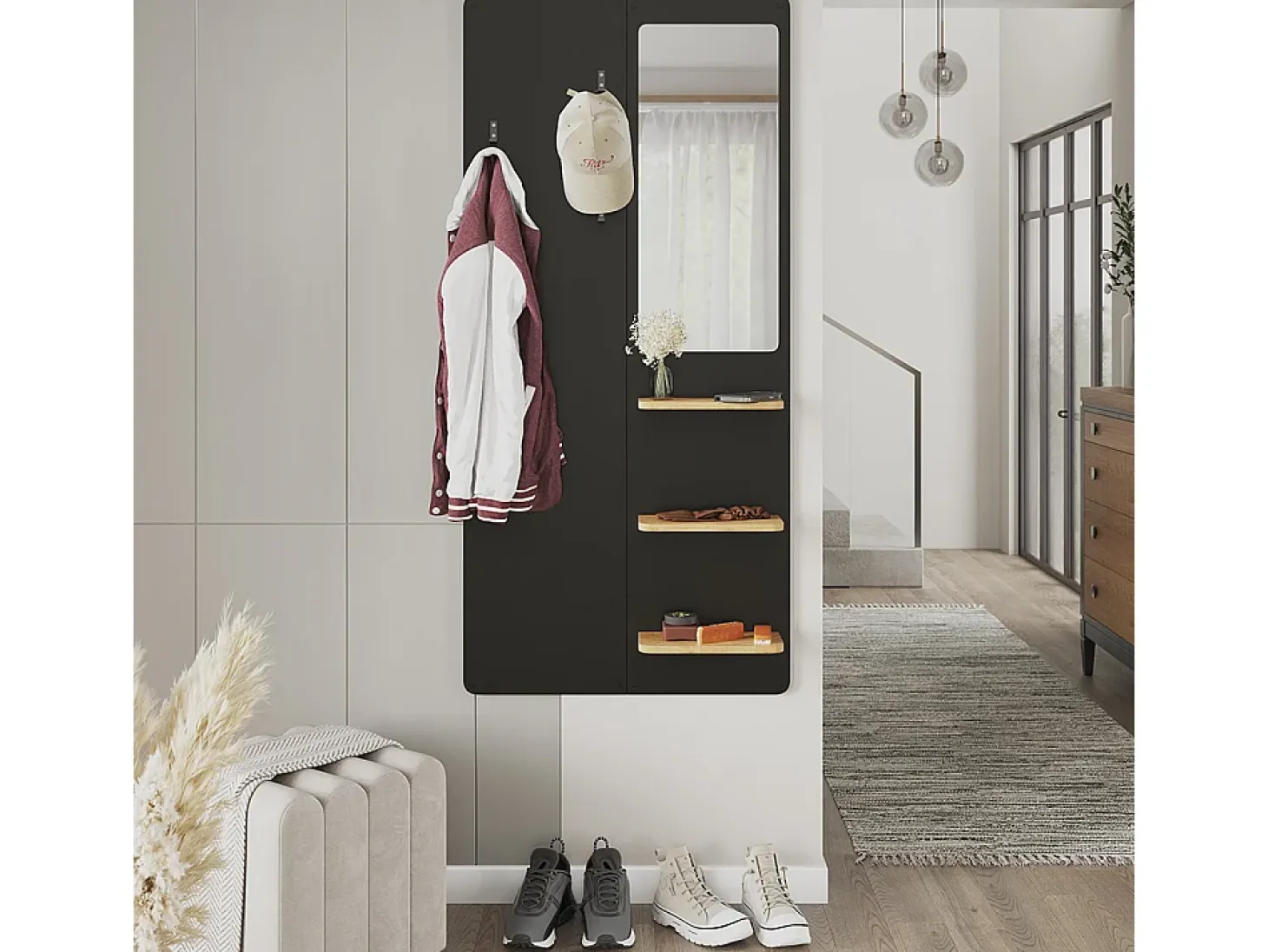 Perchero de pared negro/roble 70x15x150 jochen