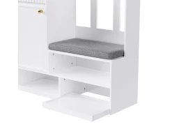 Perchero de pasillo con banco tapizado, 4 ganchos, cajones y puertas - blanco - 100x35x180 cm