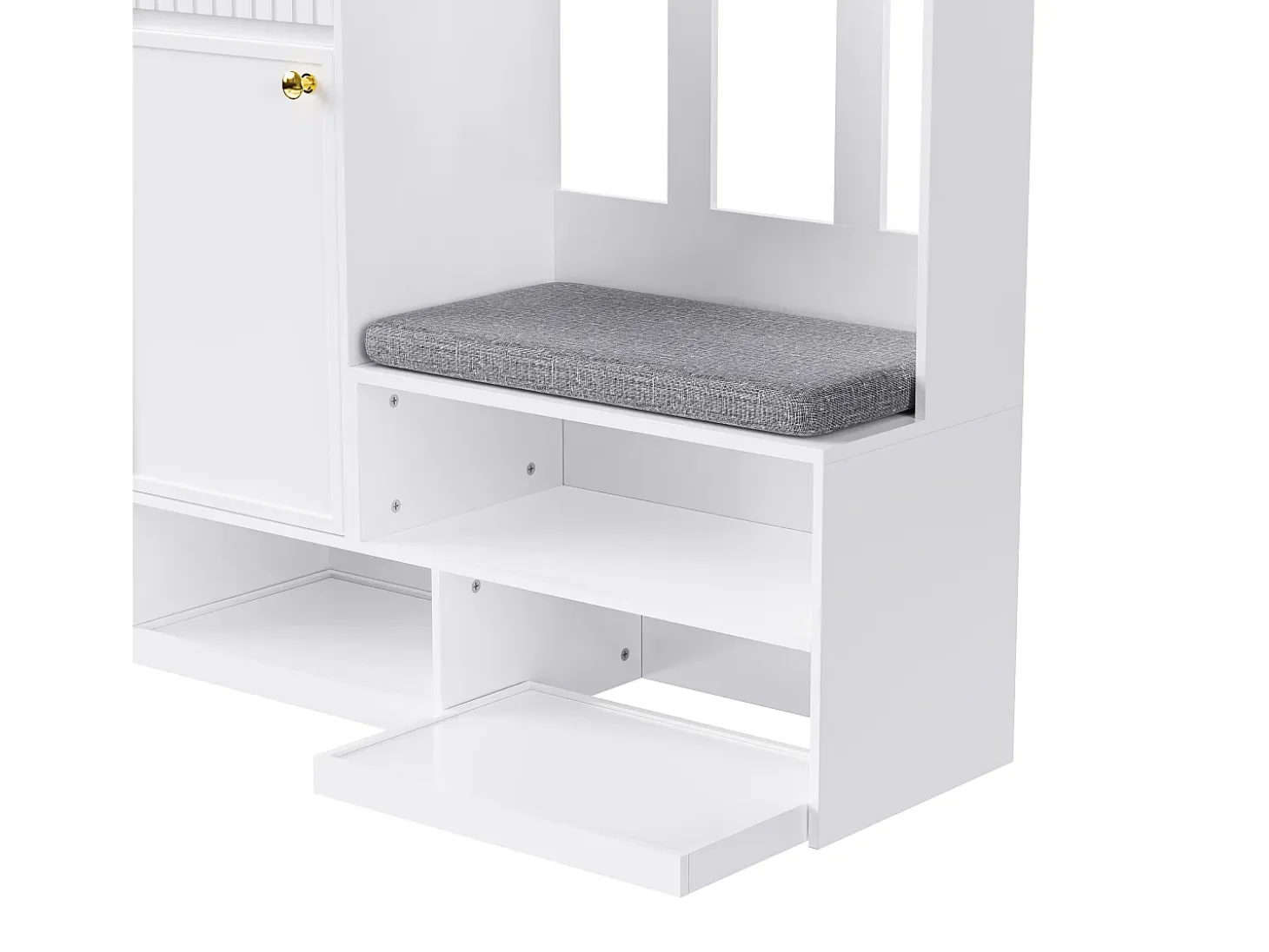 Perchero de pasillo con banco tapizado, 4 ganchos, cajones y puertas - blanco - 100x35x180 cm