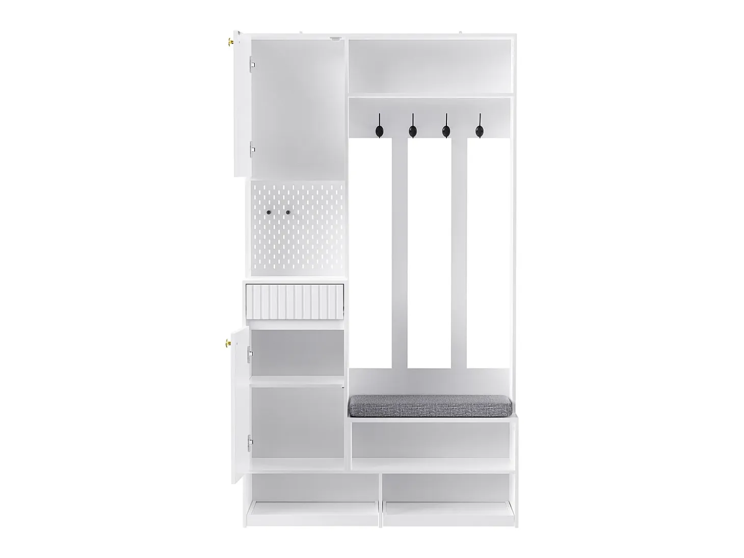 Perchero de pasillo con banco tapizado, 4 ganchos, cajones y puertas - blanco - 100x35x180 cm