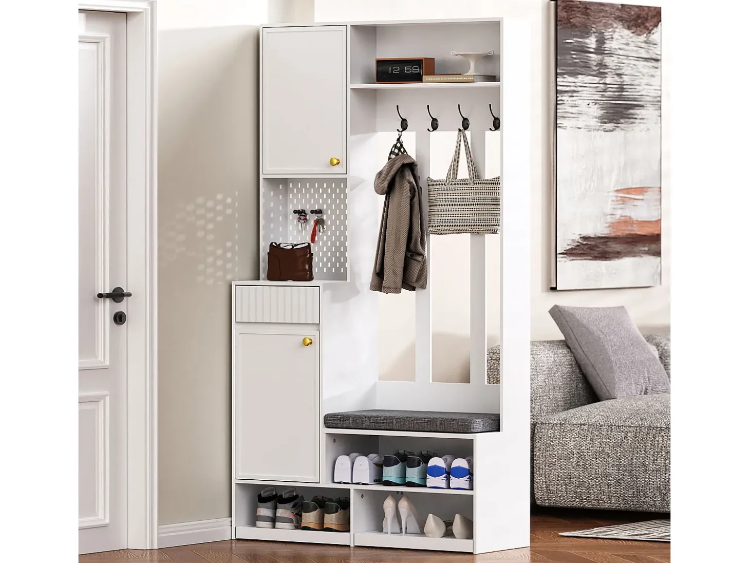 Perchero de pasillo con banco tapizado, 4 ganchos, cajones y puertas - blanco - 100x35x180 cm