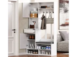 Perchero de pasillo con banco tapizado, 4 ganchos, cajones y puertas - blanco - 100x35x180 cm