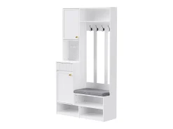 Perchero de pasillo con banco tapizado, 4 ganchos, cajones y puertas - blanco - 100x35x180 cm