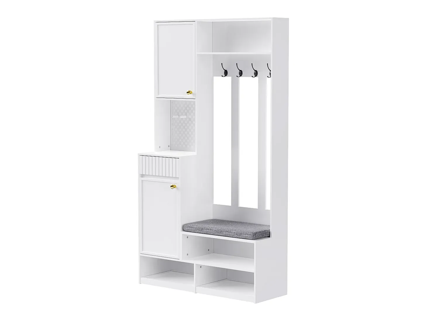 Perchero de pasillo con banco tapizado, 4 ganchos, cajones y puertas - blanco - 100x35x180 cm
